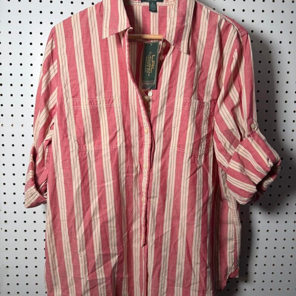 NWT Ralph Lauren Salmon Red & Cream Vertical Striped Button Up Shirt Size XL